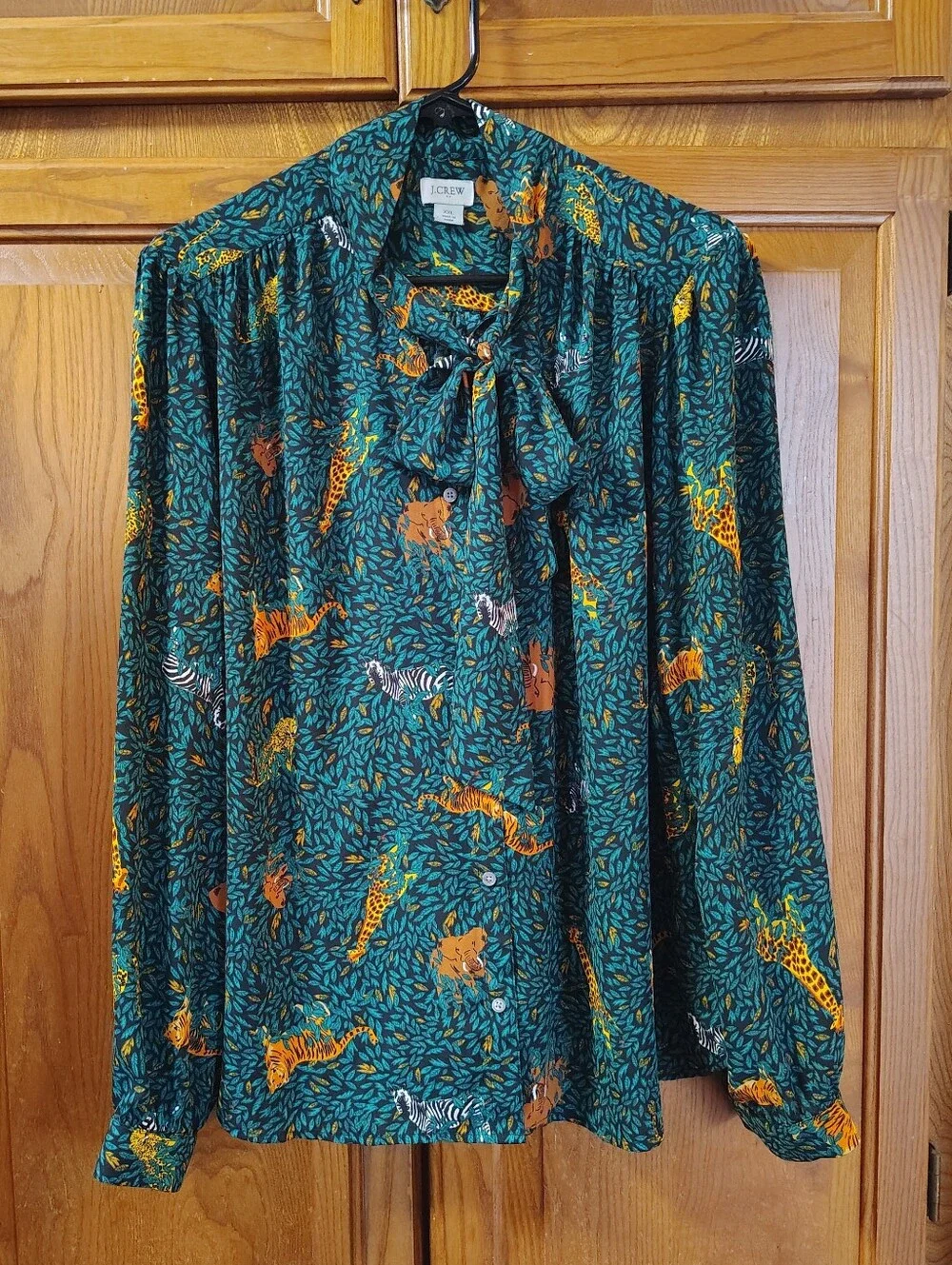 J. Crew Blouse Womens XXL Green Jungle Animal-Print Tie-Neck Giraffe Tiger Zebra